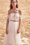 Two Piece Off-the-Shoulder Cheap Tulle Beach Wedding Dresses OKC93