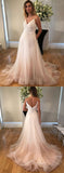 V-Neck Long Spaghetti Straps Prom Dresses,Simple Tulle A-Line Wedding Dress OKB95