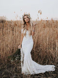 New Arrival Ivory Mermaid Lace Off the Shoulder Beach Wedding Dresses OKF85