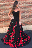 A-Line Spaghetti Straps Black Sweep Train A Line Prom Dresses with Flowers OKI74