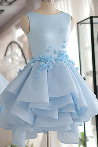 A-line Homecoming Dresses,Scoop Neck Prom Dress,Satin Homecoming Dresses,Short/Mini Prom Dresses,Flower Homecoming Dress