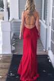 Simple Red V-Neck Spaghetti Straps Slit Side Formal Prom Dress OK960