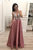 A Line Beading Satin Prom Dress, V Neck Sleeveless Cheap Prom Dress OKI16