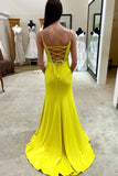 Mustard Yellow Lace-Up Belted Long Formal Evening Dress Sexy A Line Prom Dress OK1755