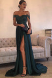 A Line Prom Dress,Navy Green Prom Dresses,Chiffon Prom Dress,High Split Prom Dresses,Side Slit Party Dress,Lace Top Party Gown,Sexy Prom Dresses