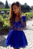 V-Neck Homecoming Dresses,Long Sleeves Homecoming Dress,Royal Blue Homecoming Dresses,Short Homecoming Dresses,A Line Prom Dress