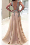 A-line V-neck Tulle Sexy Shinny Rhinestone Long Prom Dresses With Slit OKA89