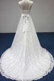 Elegant Bateau A-Line White Lace Long Sleeveless Wedding Dresses OK689