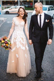 Lace A-line Long Sleeves Tulle Simple Long Wedding Dress Prom Dress OK889