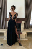 A-line Black Long Sleeve Chiffon Split Lace Prom Dress, Sexy Long Evening Dress OK149