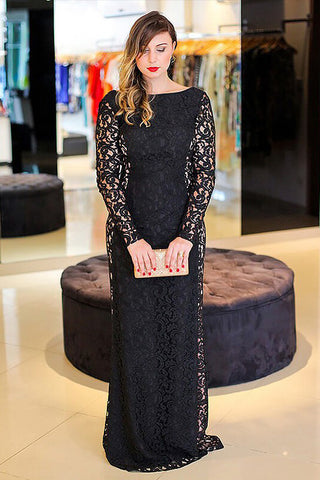 Black Lace Bateau Sheath Long Backless Plus Size Prom Dresses OK661
