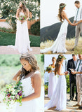 Simple A Line Long Chiffon Backless Lace Beach Wedding Dress,Bridal Gown OKG78