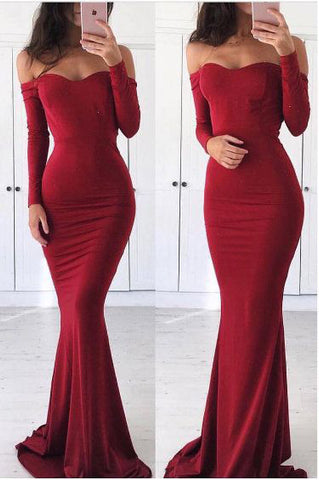 Off Shoulder Prom Dress,Mermaid Prom Dresses,Long Sleeves Evening Dress,Red Prom Dress,Graduation Dress