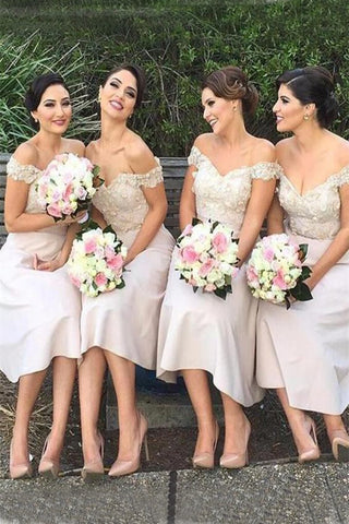 Modern Bridesmaid Dress,Ivory Bridesmaid Dresses,Off the Shoulder Bridesmaid Dress,Tea-length Bridesmaid Dresses