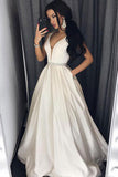 Sexy Deep V-Neck Ivory Long Prom Dresses with Pockets,Formal Evening Dress OK577