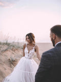 Unique Appliqued A-line V Neck Tulle Wedding Dress With Chapel Train OKU43