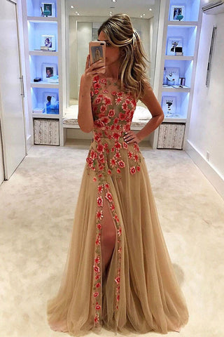 Unique Prom Dresses,Tulle Prom Dresses,Long Prom Dresses,Flower Appliques Prom Dresses,Side Slit Prom Dress,Formal Prom Dresses,Prom Dresses 2017