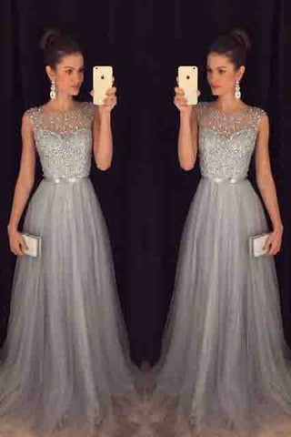 Elegant Gray Tulle Long A Line Prom Dresses,Formal Party Dresses OKE94