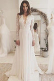 Simple Prom Dresses,V Neck Prom Gown,Off White Wedding Dress,Long Sleeves Wedding Dress,Chiffon Wedding Dresses