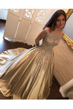 Charming Satin Ball Gown Long Sleeve Lace Appliques Prom Dresses OK853