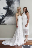 Gorgeous Strapless Sweetheart A-line Lace Boho Wedding Dress OKU48