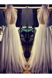 New A-line Cheap Long Sexy Simple Ivory High Neck Tulle Prom Dresses OK759