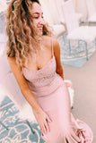 Elegant Spaghetti Straps Mermaid Beaded Pink Long Prom Dress OKU9