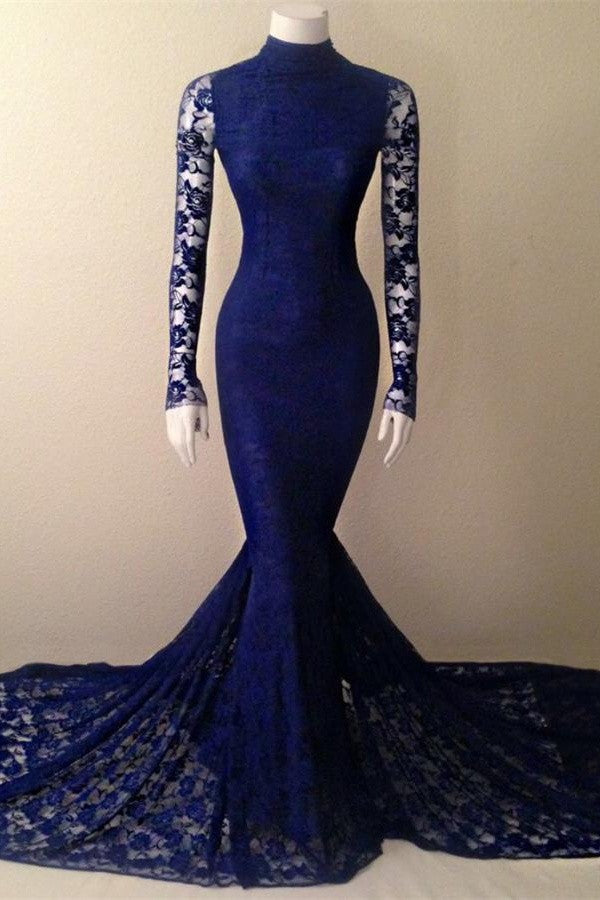 Classy Long Sleeves Lace High Neck Sheath Mermaid Prom Dress K171