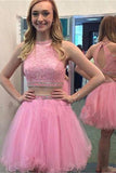Pretty Pink Tulle Beaded Lace  Two Pieces Homecoming Dress K415