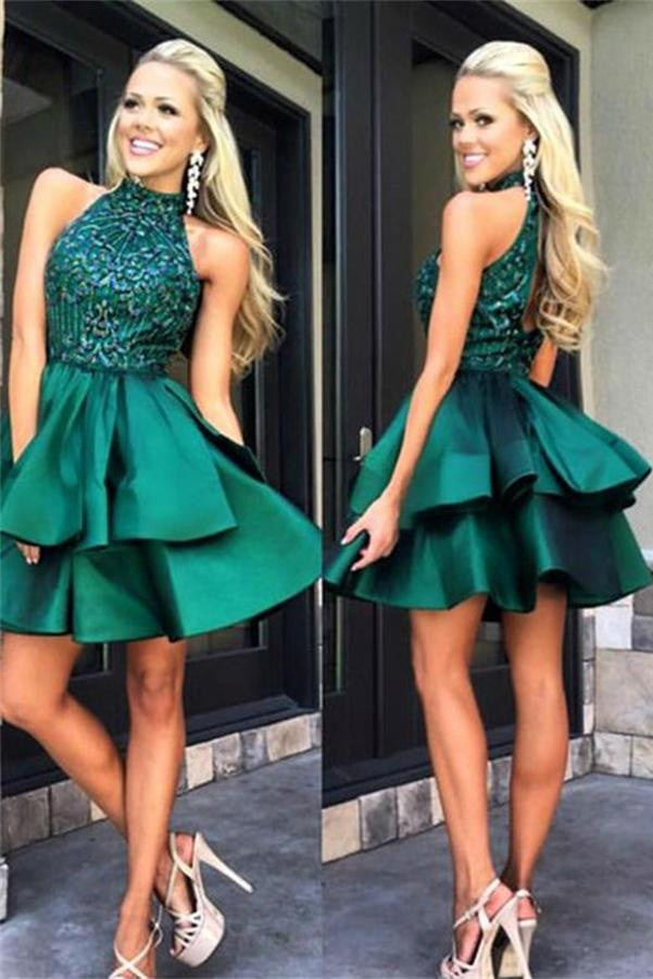 Real Nice Sparkly Backless Green Beaded Halter Homecoming Dress K418