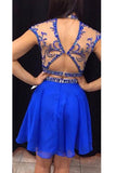 Royal Blue Handmade Short Beading High Neck Open Back 2 Pieces Homecoming Dress K426