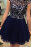 Navy Blue Short Cap Sleeves Beaded A-line Tulle Homecoming Dress K434