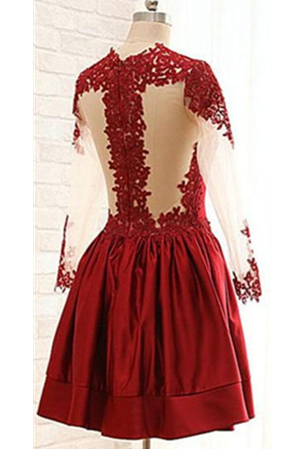 Burgundy Long Sleeves Lace Short Handmade Homecoming Dresses K458