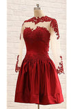 Burgundy Long Sleeves Lace Short Handmade Homecoming Dresses K458