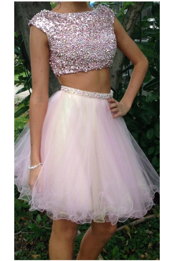 Pretty Two Pieces Handmade Pink Tulle Beaded Homecoming Dress K473