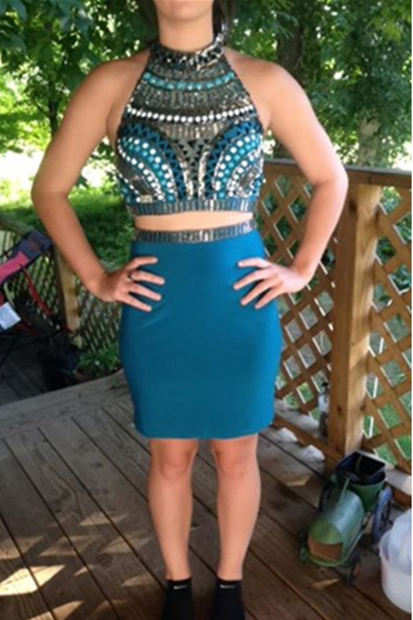 Halter Open Back Mermaid Beaded Two Pieces Homecoming Dress K478