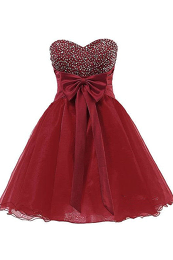Sweetheart Burgundy Beaded Tulle Short Homecoming Dress With Bow K483