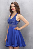 Royal Blue Halter Beading Backless V-neck Homecoming Dress K585