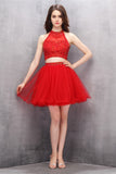 Sparkly Halter Beading Red 2 Pieces A-line Homecoming Dress K587