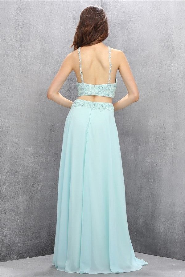 Mint Chiffon Two Pieces Beading Backless Formal Prom Dress K623