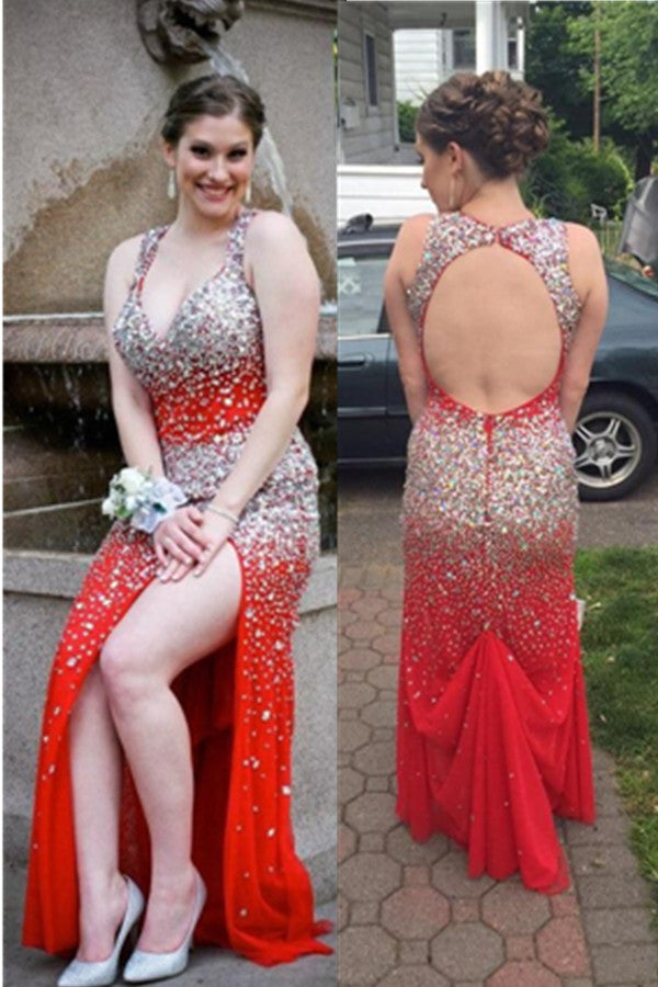 Sparkly Sexy Red Beaded Open Back V-neck Plus Size Prom Dress K631