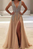 A-line V-neck Tulle Sexy Shinny Rhinestone Long Prom Dresses With Slit OKA89