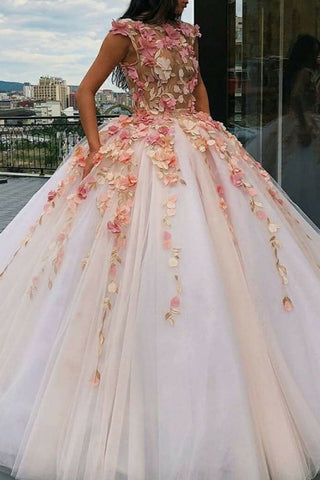 Jewel Tulle Long Cap Sleeves Ball Gown Prom Dresses with Flower Appliques OKH10