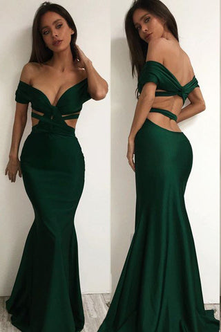 Stylish Off the Shoulder Cross Backless Green Mermaid Prom Dresses OKD73