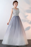 Unique Ombre Beaded A Line Long V Neck Sleeveless Prom Dresses OKA70