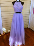 Two Piece Halter Backless Tulle Lavender Prom Dresses with Lace Beading OKI75