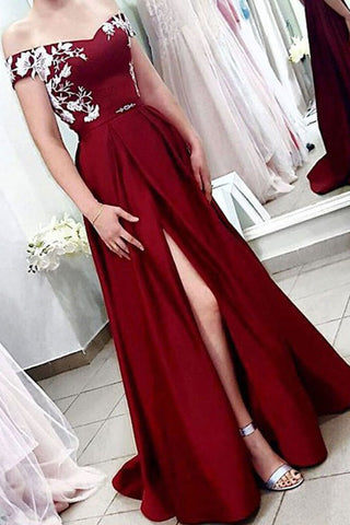 A Line Off the Shoulder Short Sleeves Burgundy Satin Prom Dresses With Split OKQ64