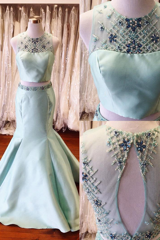 Long Prom Dresses,Two Piece Prom Dress,Mermaid Prom Dresses,Satin Prom Dresses,Mint Prom Dresses,Backless Prom Gown,Beading Evening Dresses