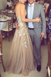 Charming A-Line Deep V-Neck Tulle Prom Dresses with Appliques OK602