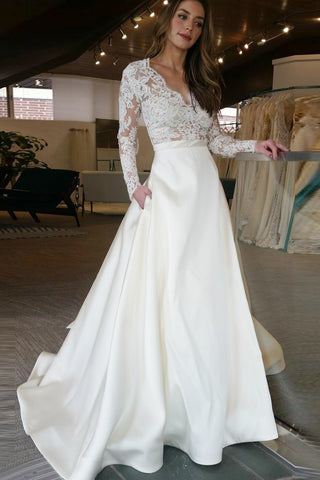 Elegant Prom Dresses,V-Neck Prom Dress,Long Sleeves Prom Dresses,White Wedding Dresses,Lace Wedding Dress